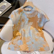 Áo Sơ Mi Nữ Tay Ngắn Mùa Hè Phong Cách Trung Hoa Mới Áo Thun Acetate Satin Cổ Đứng Áo Sơ Mi Nhỏ Áo S