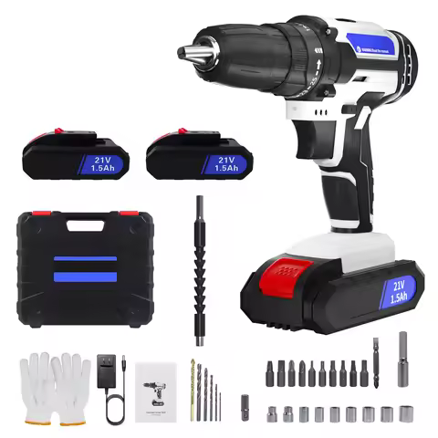 21V Portable Cordless Power Drill Set Impact Screw Driver with 1500mAh Li-Ion Battery 25+1 Torque Se