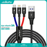 Dây sạc 3 đầu JUYUPU TS30 sạc nhanh 3A cáp sạc bọc dù cao cấp sạc điện thoại iPhone Samsung OPPO Viv