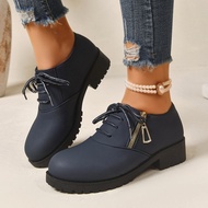 Quick Shipping - Lace-up with Side Zip Thick Heel Leather Women's Shoes