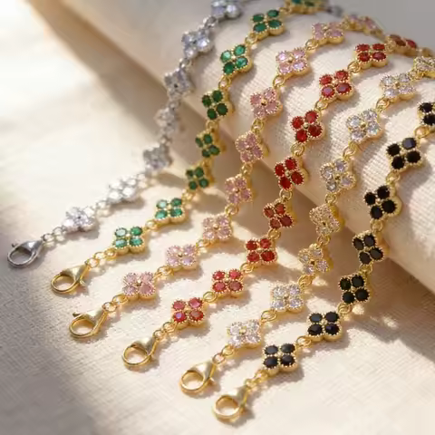 Stainless Steel Colorful Cubic Zirconia Flower Cover Bracelet Adjustable Four-Leaf Clover CZ Stone F