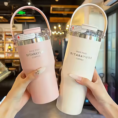 21oz/31oz Stainless Steel Tumbler with Straw Insulated Thermos Coffee Cup with Handle Water Bottle T