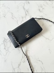 【LA LUNE】中古二手Chanel黑色魚子醬皮革WOC長夾錢包斜背側孭單肩鏈條手袋