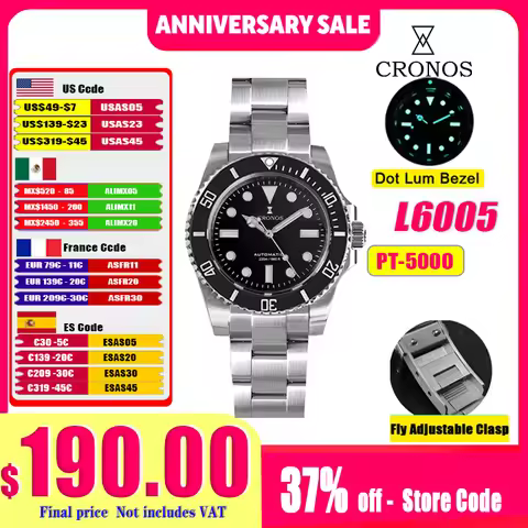 Cronos Sub Diving Men Automatic Mechanical Watch No Date PT5000 Brushed Bracelet Ceramic Bezel 200m 