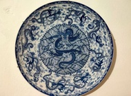 KERAMIK PAJANGAN PIRING ANTIK CINA KANSAI BLUE WHITE MOTIF NAGA #01