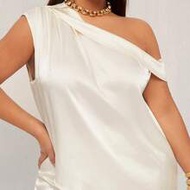 2pcs Plus Size Women's Elegant Shoulder Pleat Asymmetric Blouse And Straight Leg Maxi Pants Set, Sui