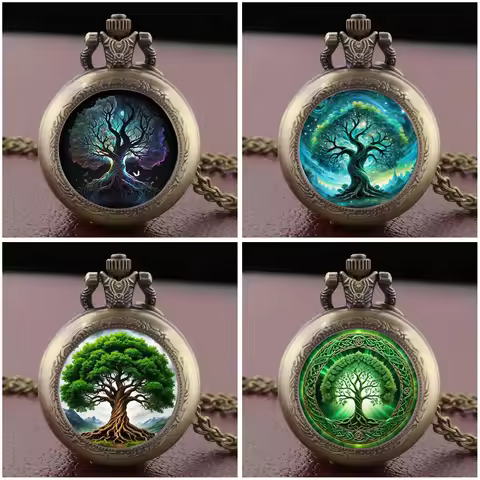 Artistic Tree of Life Pocket Watch Necklace Pendant, Exquisite Trendy Hanging Ornament for Both Men 