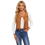 WERFORU Fringe Vest Women Faux Suede Open-Front Vintage Tassel Vest Coat Sleeveless 70s Hippie Boho 