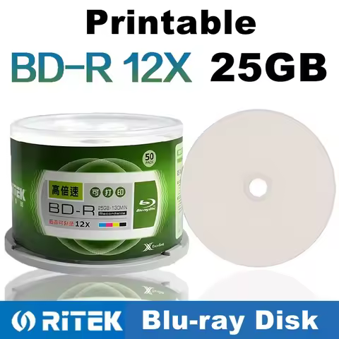 50PCS Ritek BD-R 25GB 130min 12X Recordable Blu-ray Discs Data Video Storage Printable Blank Blue Ra