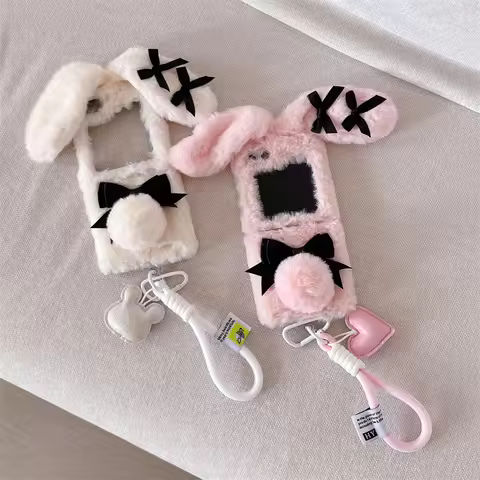 Warm Fuzzy Rabbit Phone Case For Samsung Z Flip 6 5 4 3 Cover with Hand Strap Cute Cartoon Plush Cas