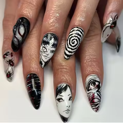 24Pcs Anime Black Almond Press on Nails Set Wearable Artificial Japanese Comics Fake Nails Art Desig