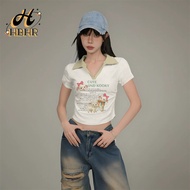 เสื้อโปโลครอป HBHR สำหรับผู้หญิง เสื้อครอปสไตล์เกาหลี เสื้อครอปแฟชั่นสตรีท เสื้อกีฬาแขนสั้นฤดูร้อน เ