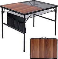 JOUYEK Foldable Grill Table - 3x2ft Portable Camping Table, Lightweight &amp; Height Adjustable with Metal Frame, Mesh Top, Wooden Desktop &amp; Bag - Perfect for Camping, Picnic, Beach &amp; BBQ