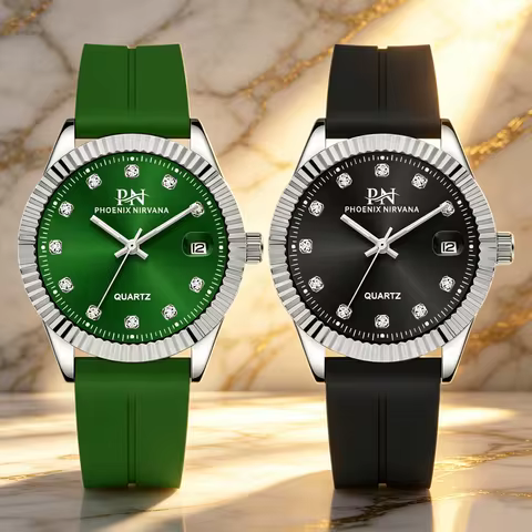 PN Phoenix Nirvana Men's Quartz Watch, Silicone Strap, Diamond-encrusted Dial, Date Display, Waterpr