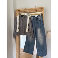 GRASS Ice Blue Brush Color High Waist Straight Overall Jeans Slimmer Look Floor Pants [B0301]