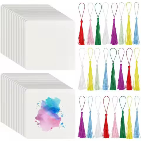 50 Packs Artist's Tiles 4.7 Inch Square Zentangle Paper Tiles Blank Cards with 25 Tassels Paper Shee