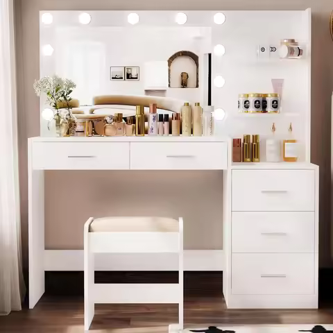46.7" W Makeup Vanity Set with Lights and Mirror, Vanity Desk with 5 Drawers, 3 Lighting Colors, Dre