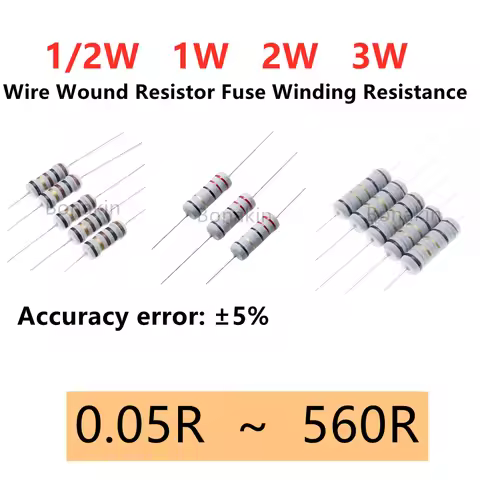 1/2W 1W 2W 3W 5% Wire Wound Resistor Fuse Winding Resistance 0.1R 0.22R 4.7R 5.1R 10R 20R22R 47R 51R