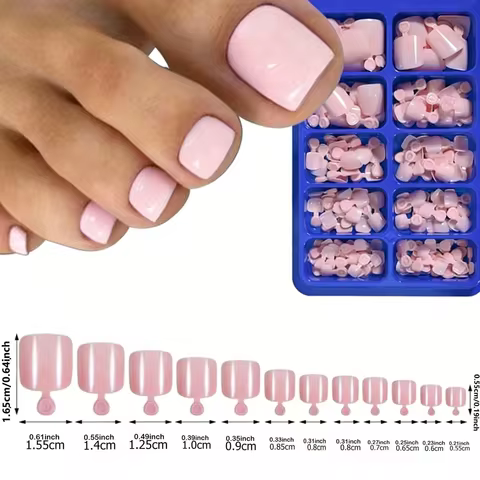 100-Piece Pack 12 Different Sizes Short Fake Nails Shiny Pressed Toe Nails Short Square Fake Nails S