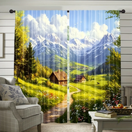 【Sell Well】 2pcs Alpine Village Landscape Curtains - Mountain Cottage Window Drapes with Rod Pocket 