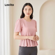 Lovito Blus Kasual Berlipat, Lembut dan Selesa, Musim Bunga/Panas, Merah Jambu untuk Wanita L138ED56