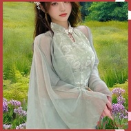 Jacket Green Wide Sleeve Batwing Scratched Silk Chiffon