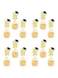 1套裝-12個畢業季假日派對杯子蛋糕裝飾，附有2024畢業帽流蘇裝飾插牙