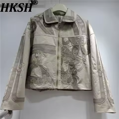 HKSH Spring Autumn New Women's Jacket Color Block Embroidery Patchwork Design Turn-down Collar Zippe