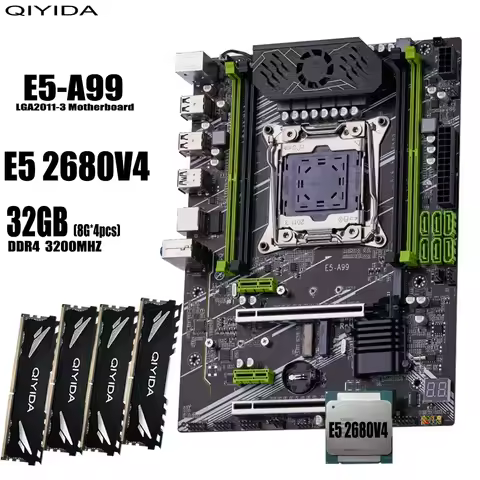 QIYIDA X99 E5 A99 conjunto de, placa-mãe xeon LGA2011-3,CPU E5 2680 V4, (4X8) = 32GB 3200MHz 4 canai