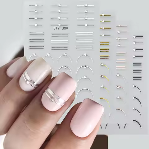 3D Rhinestones Simple Stripe Nail Stickers Y2K French Line Adhesive Slider Decals Decor Luxury Desig
