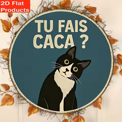 2D Flat "TU FAIS CACA?" Tuxedo Cat Round Tin Sign - Funny French Phrase Black White Cat Art Metal Wa
