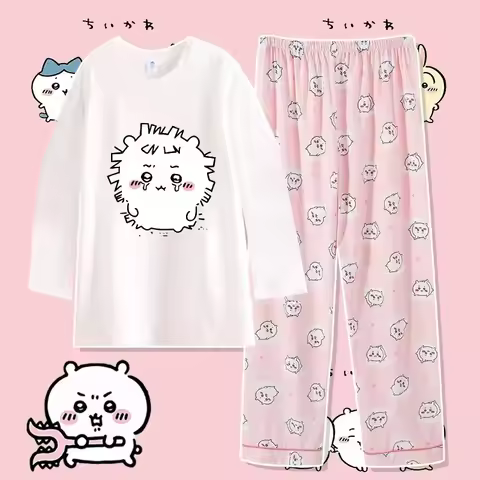 Anime Usag Hachiware Summer thin pajamas round neck Loose long-sleeved shirt and pants Cute cartoon 