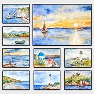 Karya seni kanvas cat air pemandangan laut, lukisan tasik, mercu tanda kapal, bot, warna alam musim 