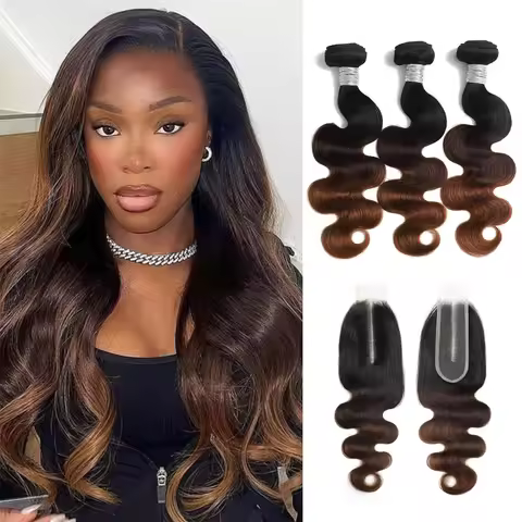 T1B/2/30 Chestnut Brown Ombre Body Wave Human Hair Bundles With Closure Brazilian Virgin Remy Hair 2