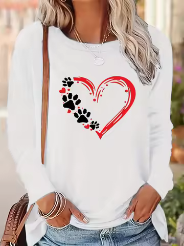 Women's Spring and Autumn 100% pure cotton fashionable casual loose love paw print print round neck 