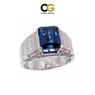 CG Lab Corundum Sapphire Emerald Cut with Moissanite Micro Setting Modern Silver Men's Ring