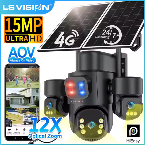 LS VISION 15MP 4G SIM AOV Solar Camera Outdoor 3-Screen 12X Zoom 24/7 Record PTZ CCTV 15W Solar Powe