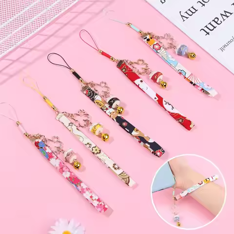 Lucky Cat Bell Sakura Phone Lanyard Anti-lost Keychain Wrist Rope Daisy Cherry Blossoms Hanging Cord