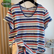 M-4XL Korean Colorful Striped Top Women Plus Size Loose Short Sleeve Tshirt