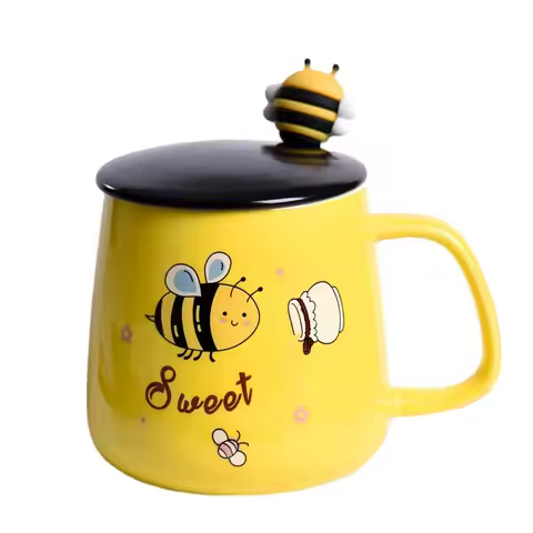 Ceramic Cartoon Bee Mug With Spoon Lid Ceramic Coffee Cups Free Shipping Original Breakfast Cups Chr