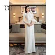 Handmade beaded white brocade ao dai, bridal ao dai, modern wedding dress, luxurious wedding dress