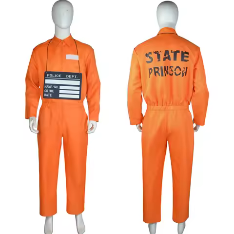 Male Prison Cosplay Costume Long Sleeves Jumpsuit Bodysuit Inmate Orange Set Adult Convict Party Uni