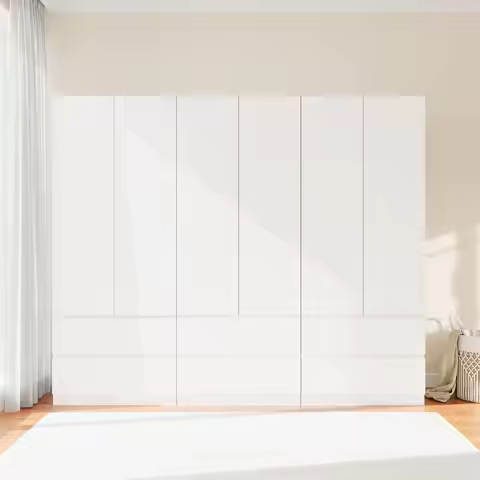 Armoire Wardrobe Closet with 6 Doors, Wooden Wardrobe Cabinet with 6 Drawers, Hanging Rod & Shelves,