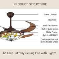 TFCFL 42 Inch Tiffany Style Invisible Ceiling Fan With Lights And Remote Control,Retractable Blades 3 Speeds 3 Light Changes Fan laskfkpoqriewou ceiling fan klwqoruipqhfsaj