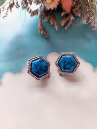 美國西洋古董飾品 /銀繩六角人造綠松石夾式耳環/復古首飾