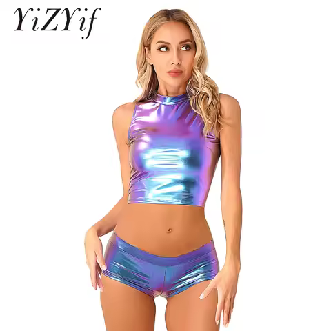 Y2k Clothes 2 Piece Set Womens Girls Sleeveless Crop Top And Hot Shorts Metallic Rave Festival Night