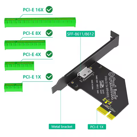 TISHRIC PCIE 1X 4.0 To Oculink SFF 8611/8612 Adapter With Long Profile Bracket PCI Express X4/X1 SSD