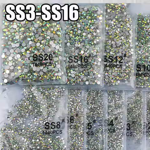 1440Pcs/bag AB/Clear Round Mini Nail Diamond SS3-SS16(1.3-4mm) FlatBack Non-Hotfix Nail Crystal Crys
