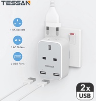 TESSAN 4-in-1 Multi Travel Plug Adapter Shaver Plug Adaptor 2 Pin to 3 Pin Singapore Plug with Double USB USB Charger Multi Adapter Wall Charger with 2 USB Ports 2500W10A Travel Adaptor Power Strip for Home Office Travel Bathroom Razor Toothbrush