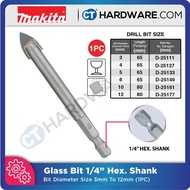 MAKITA GLASS DRILL BIT 1/4" HEX. SHANK FOR GLASS &amp; TILE SIZE 4X65MM TO 10X80MM